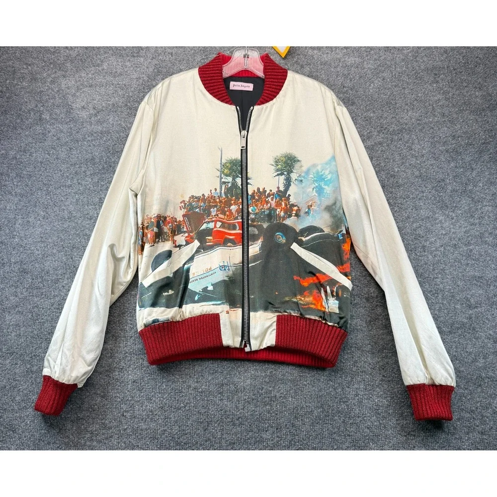 Palm Angels Riot Souvenir Bomber Jacket Mens 50 US Large Cream Graphic Car Crash